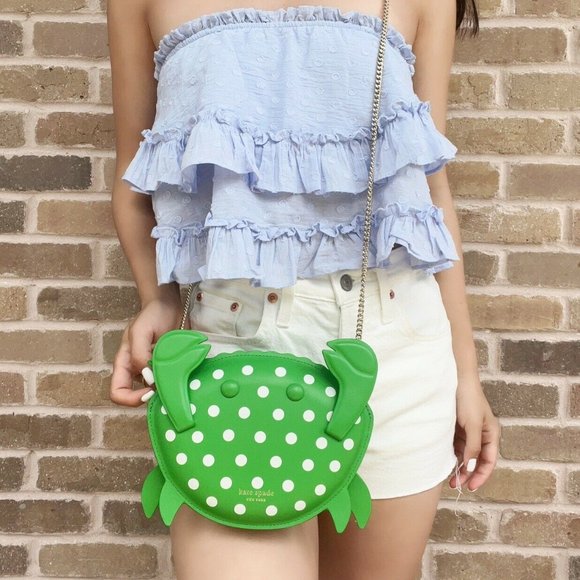 Kate Spade Shelly Crab Novelty Crossbody Green White Polka Dots - Picture 6 of 8